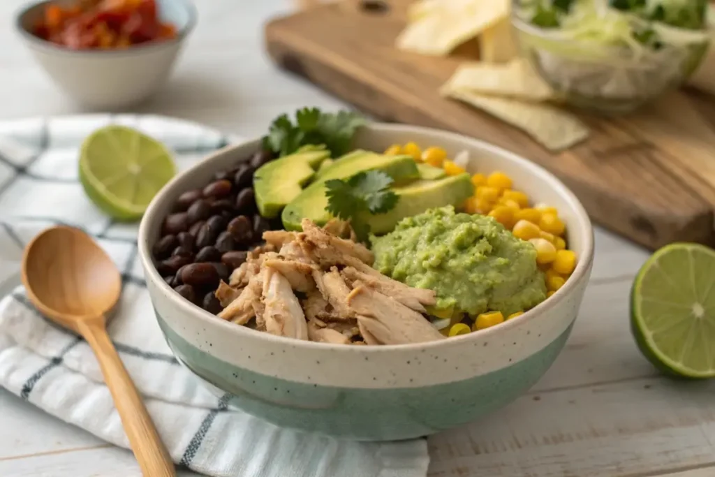 A gluten-free bowl filled with shredded chicken, avocado, black beans, roasted corn, and guacamole, garnished with lime wedges