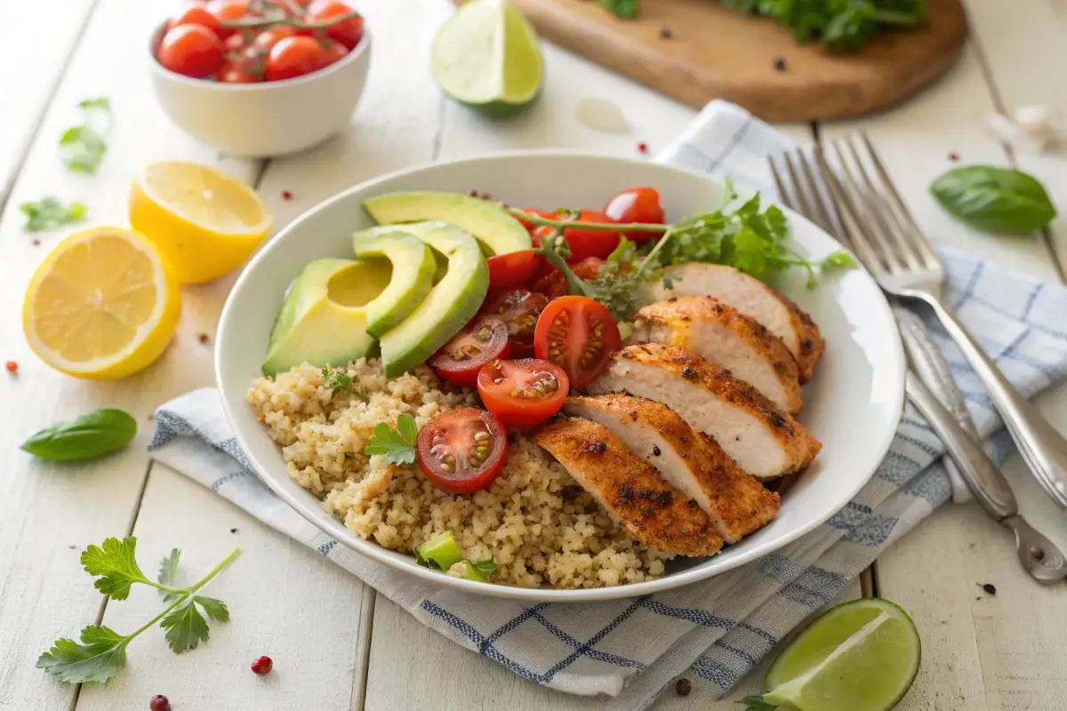 A fresh gluten-free quinoa salad with cherry tomatoes, avocado slices, and grilled chicken, served on a white plate with a lemon wedge