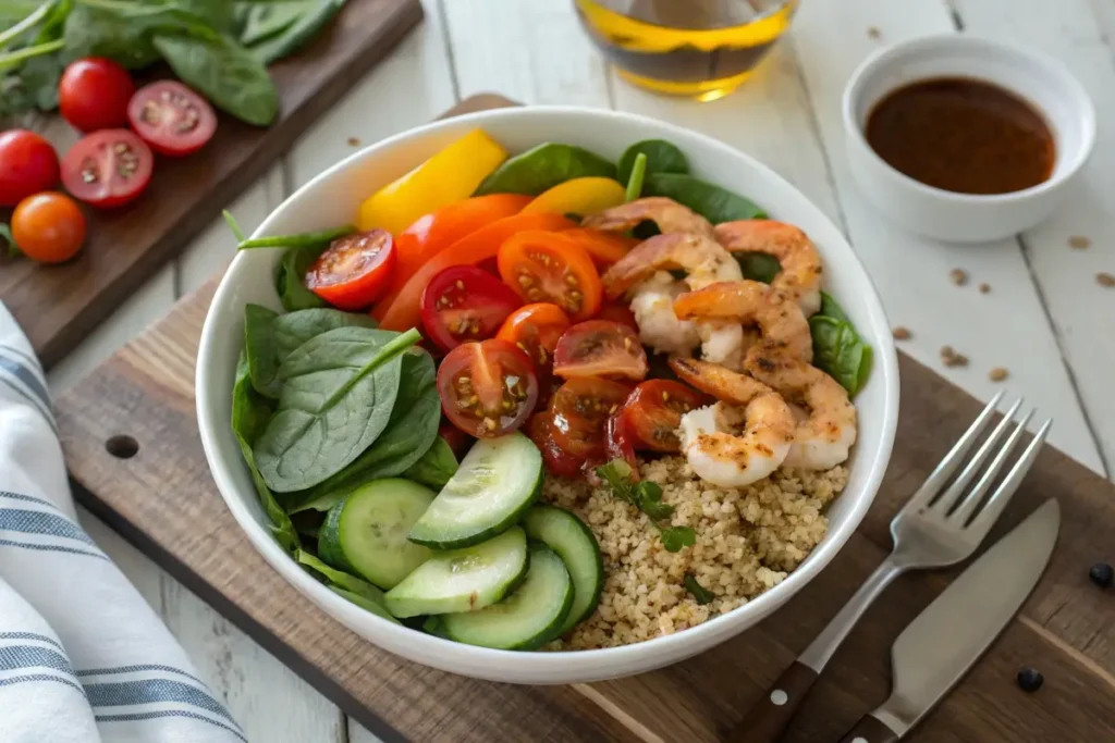 A crisp gluten-free salad with spinach, cherry tomatoes, bell peppers, cucumbers, quinoa, and grilled shrimp, drizzled with balsamic dressing