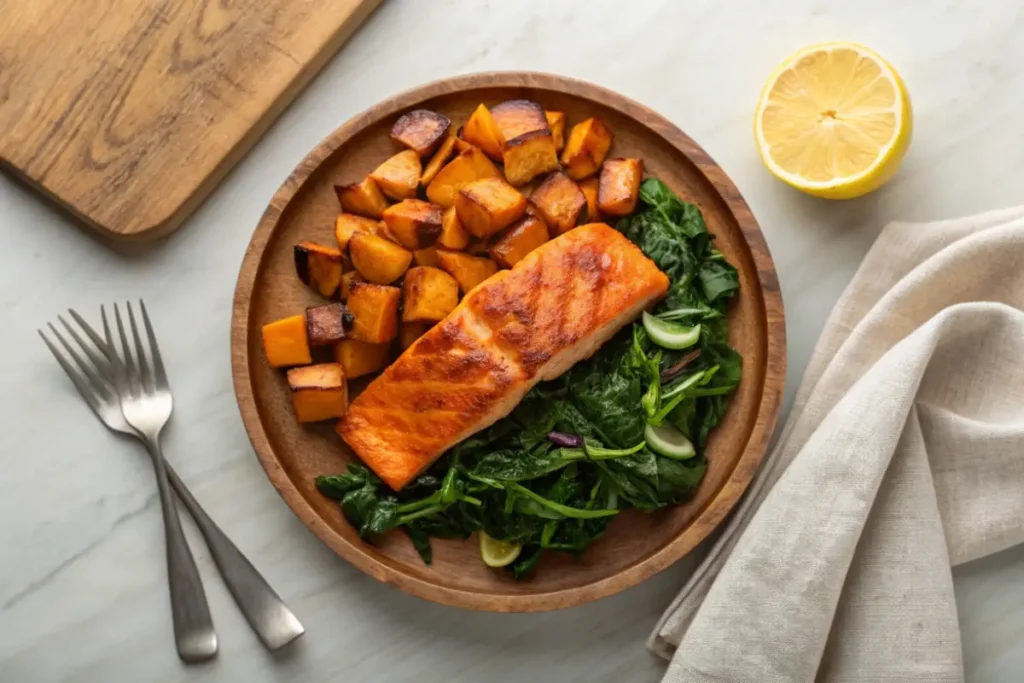 A gluten-free protein-packed meal featuring grilled salmon, roasted sweet potatoes, and sautéed spinach on a rustic wooden plate