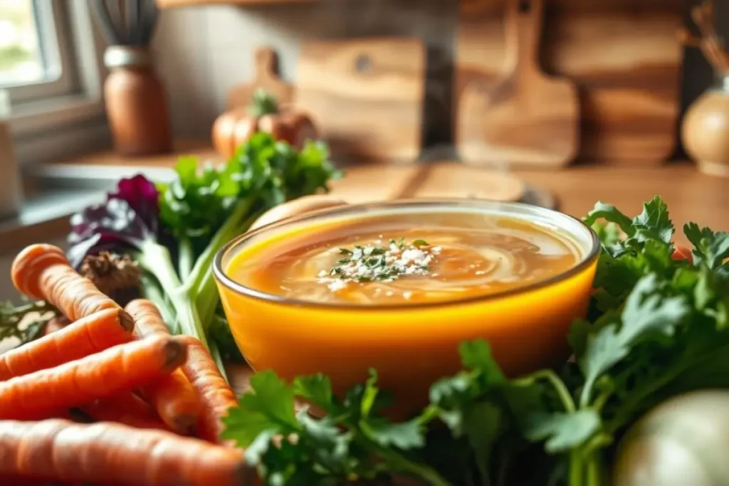 A bowl of creamy gluten-free carrot soup garnished with fresh herbs, surrounded by fresh vegetables