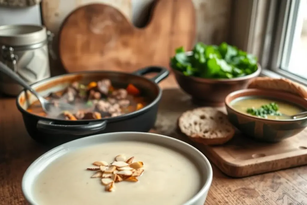 A rustic kitchen setting with bowls of steaming paleo-friendly gluten-free soup, garnished with nuts and fresh herbs