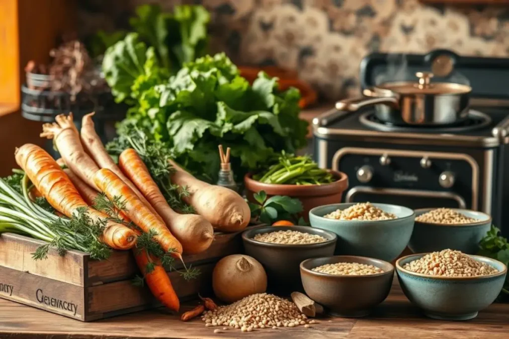 Fresh seasonal vegetables and gluten-free grains arranged on a rustic wooden countertop, ready for soup making