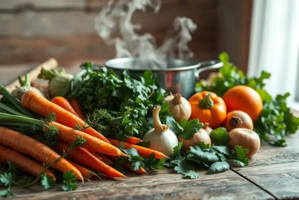 A cozy kitchen setting with steaming bowls of vegetarian gluten-free soup and fresh herbs on a wooden table