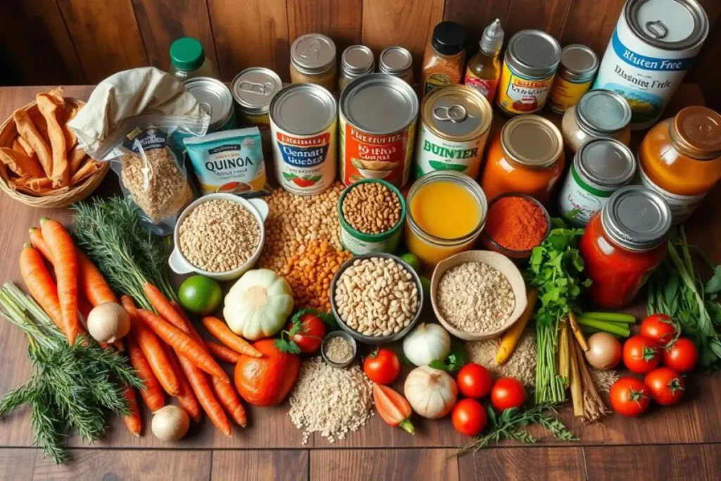 A variety of gluten-free pantry essentials, including grains, canned goods, and fresh vegetables, for making wheat-free soups