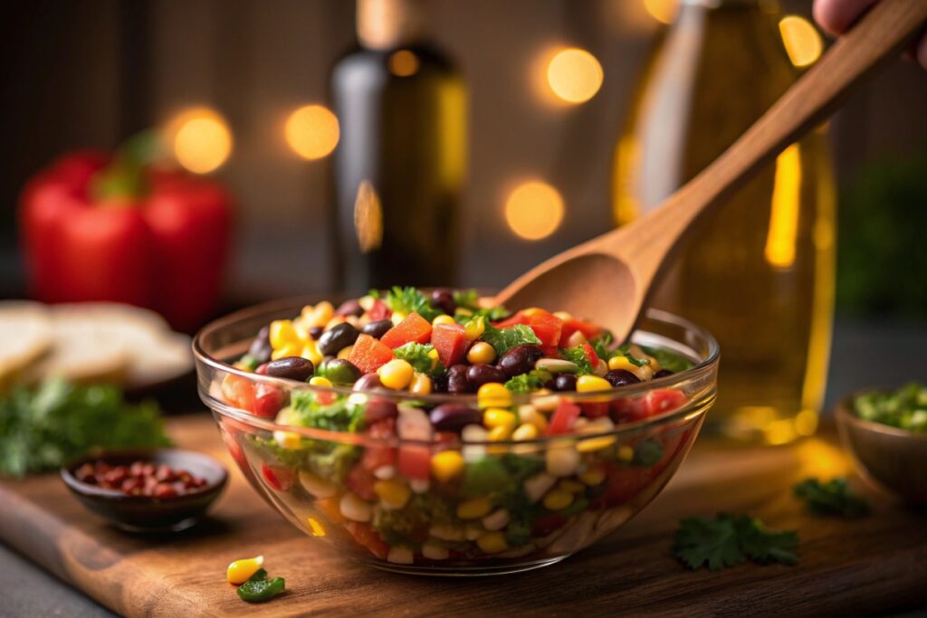 A bowl of cowboy caviar being mixed with a wooden spoon, combining beans, veggies, and tangy dressing