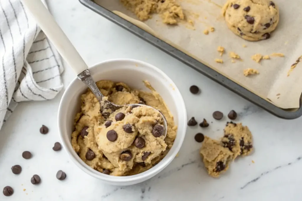 Close-up of soft and creamy chocolate chip cookie dough with chocolate chips, ready to be scooped onto a baking sheet