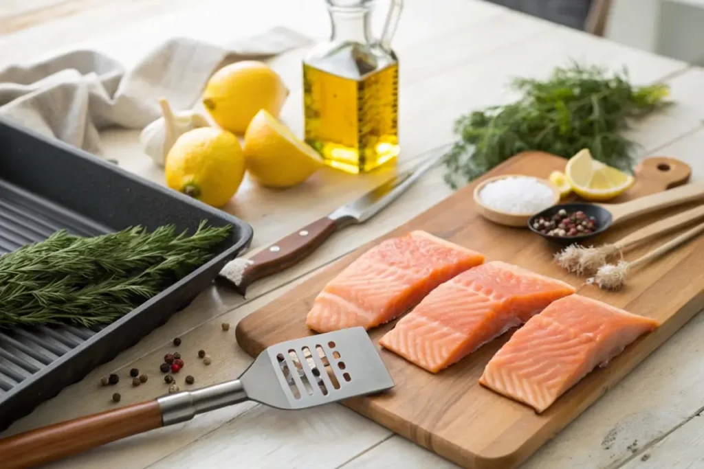 Fresh salmon fillets and grilling ingredients like lemon, garlic, dill, and olive oil