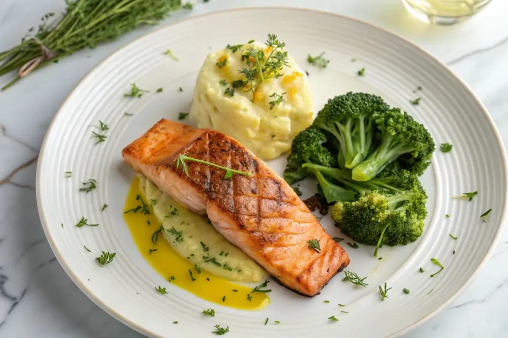 Grilled salmon served with garlic mashed potatoes and steamed broccoli