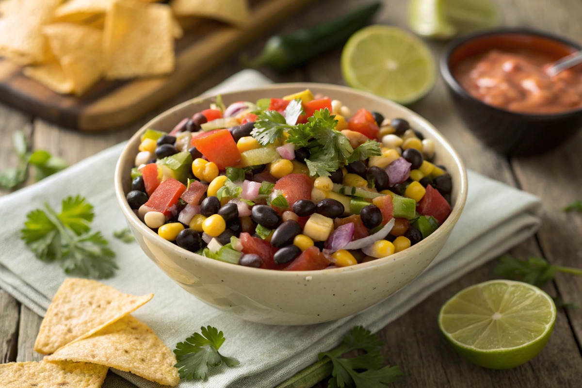 A vibrant bowl of cowboy caviar with beans, corn, and colorful veggies, served with tortilla chips on a wooden table