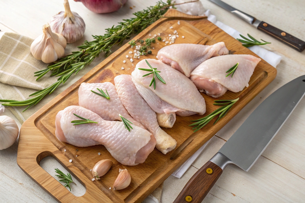 Fresh raw chicken cuts on a wooden board with rosemary and garlic