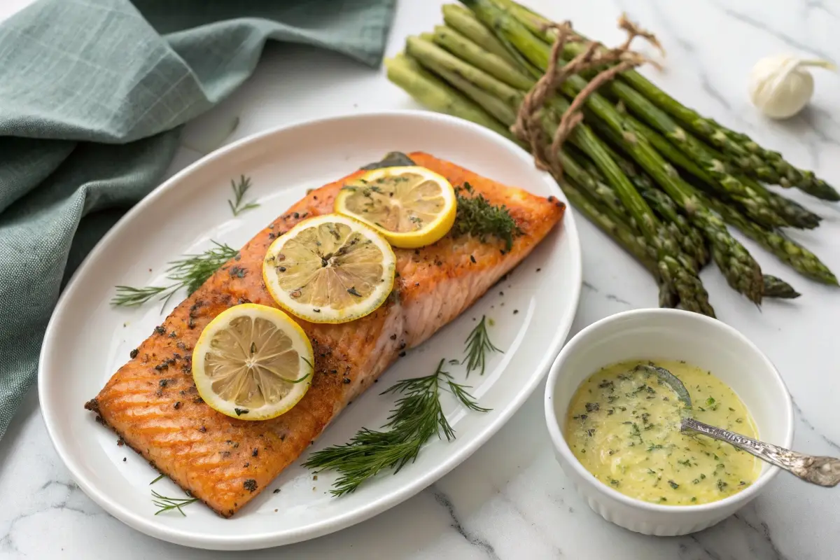 Grilled salmon fillet with lemon and dill, served with asparagus and garlic butter sauce