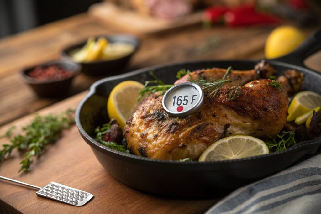 Perfectly cooked golden chicken piece in a skillet with herbs and lemon