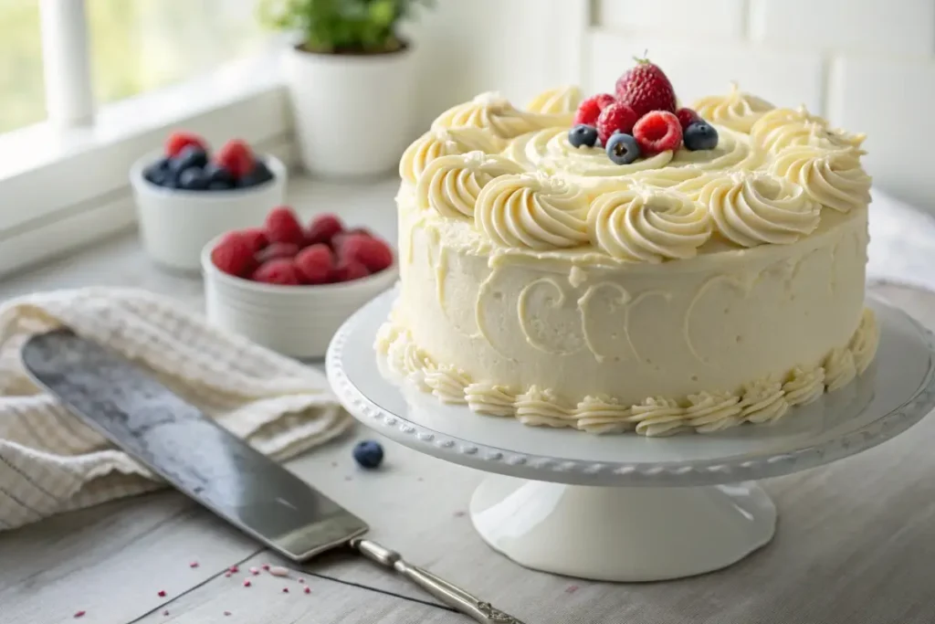 A beautifully frosted vanilla cake with swirls of vanilla buttercream and fresh berries on a cake stand