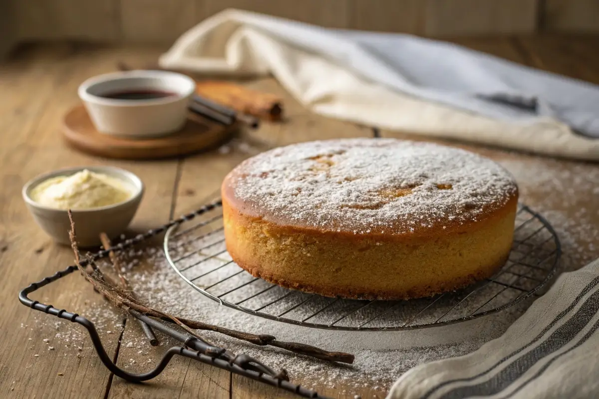 Freshly baked vanilla cake cooling on a wire rack, dusted with powdered sugar, on a rustic wooden counter