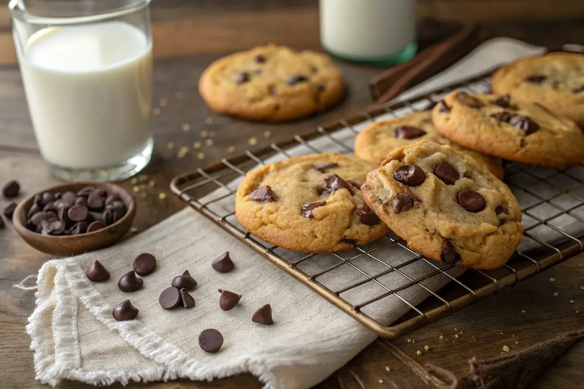 Freshly baked chocolate chip cookies cooling on a wire rack, with melted chocolate chips and a glass of milk