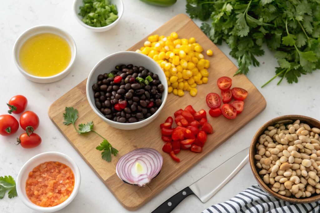 Fresh ingredients for cowboy caviar, including beans, corn, bell peppers, tomatoes, and homemade dressing, arranged on a cutting board