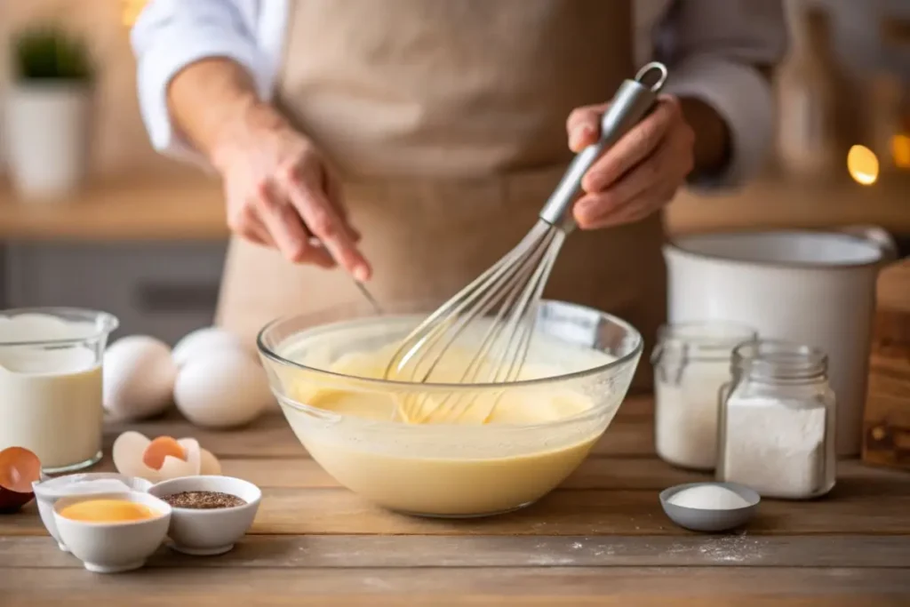 A baker whisking vanilla cake batter in a glass mixing bowl, surrounded by baking tools on a wooden countertop