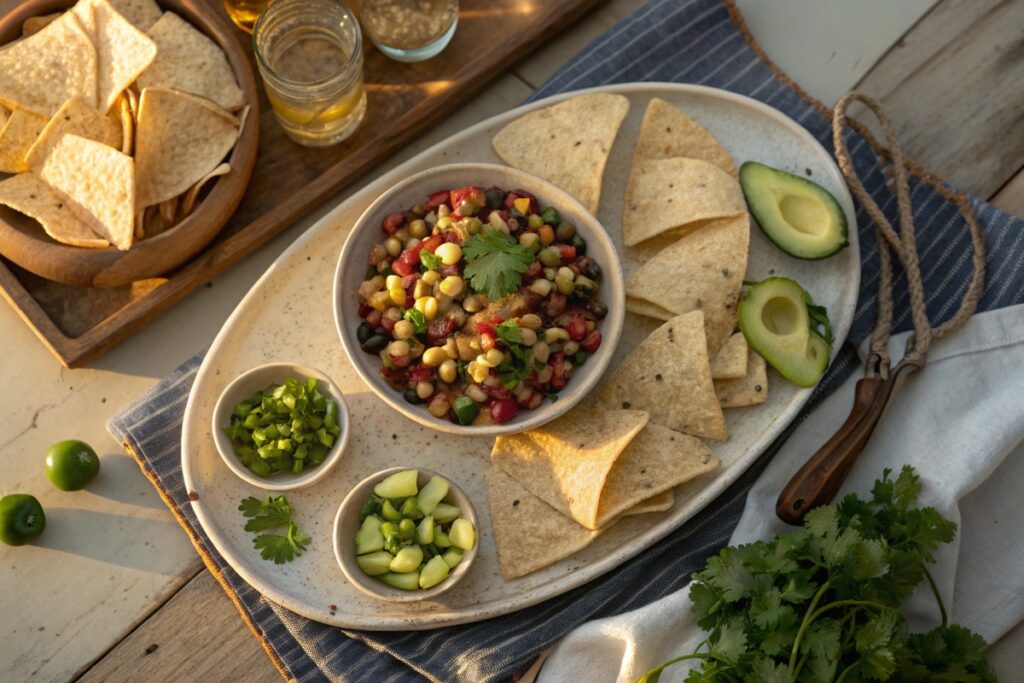 A platter of cowboy caviar served with tortilla chips and garnishes in a party setting