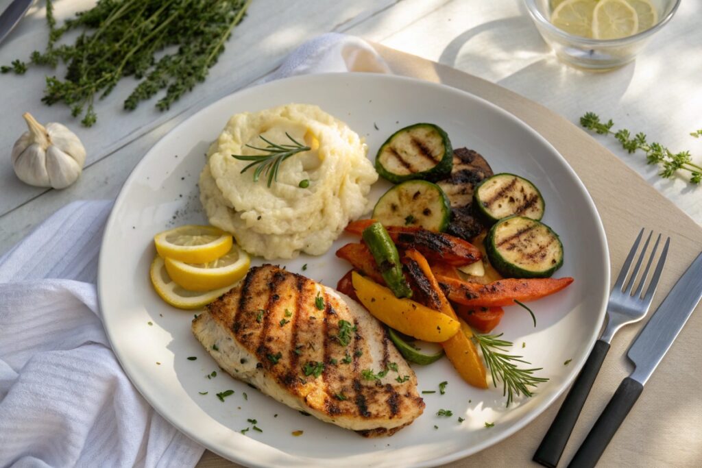 Grilled lemon herb chicken with roasted vegetables and mashed potatoes