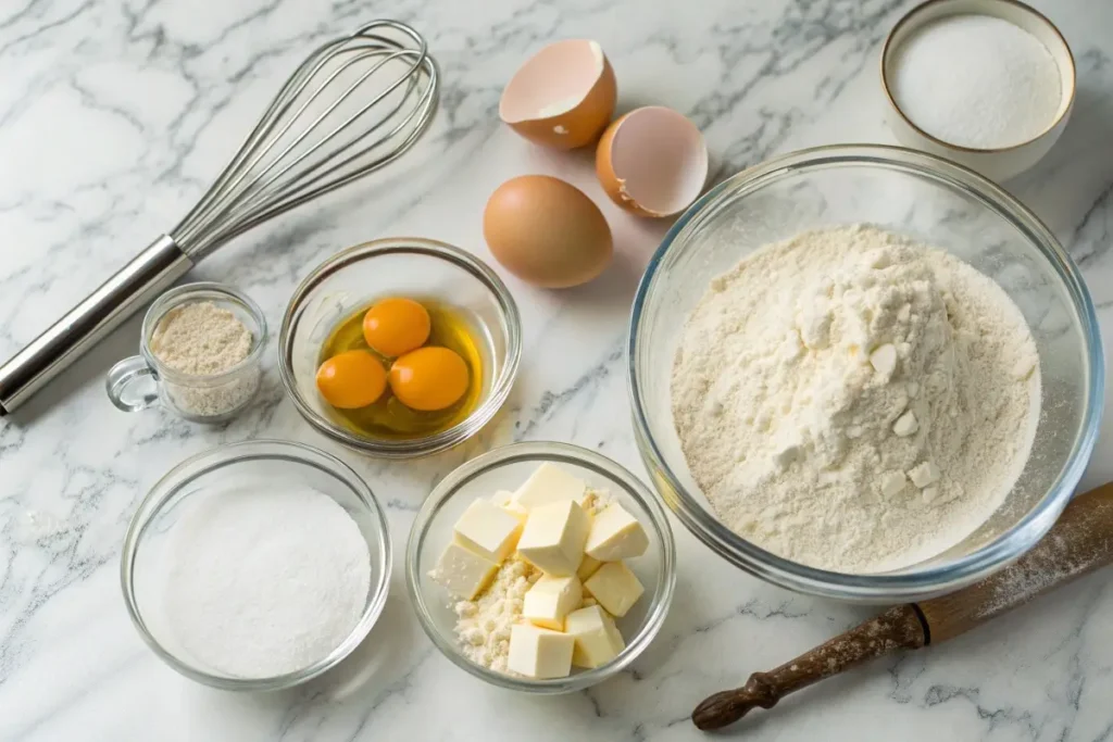 Classic vanilla cake ingredients, including flour, sugar, eggs, vanilla extract, and baking powder, neatly arranged on a marble countertop