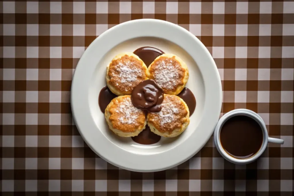 A plate of fluffy Southern biscuits generously covered in thick, glossy chocolate gravy, served with a cup of steaming coffee