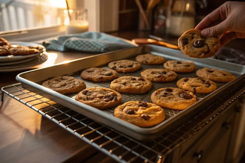 A tray of freshly baked chocolate chip cookies on a cooling rack, with gooey melted chocolate inside