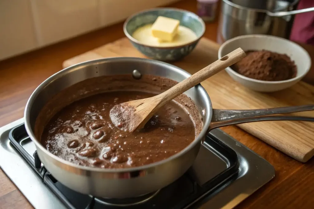 Chocolate gravy simmering in a saucepan as a wooden spoon stirs it to a smooth, rich consistency