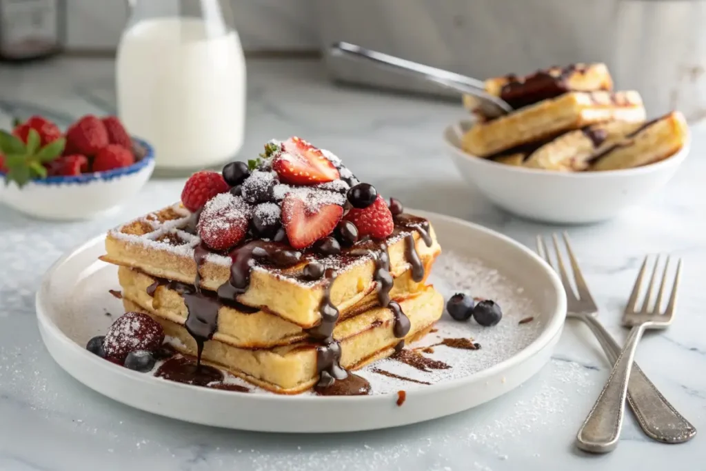 Crispy golden waffles drizzled with chocolate gravy, topped with fresh berries and a dusting of powdered sugar for a modern Southern twist