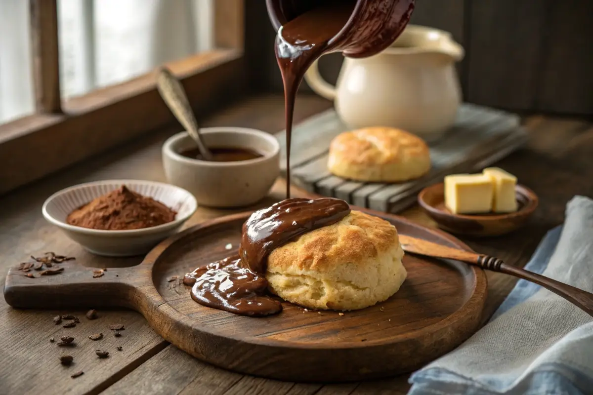 Thick and creamy Chocolate Gravy Recipe being poured over a warm, flaky Southern biscuit on a rustic wooden plate, evoking a comforting Southern breakfast tradition