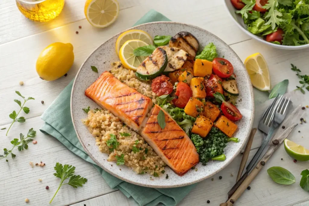 Grilled salmon platter with roasted vegetables, quinoa, and a fresh green salad